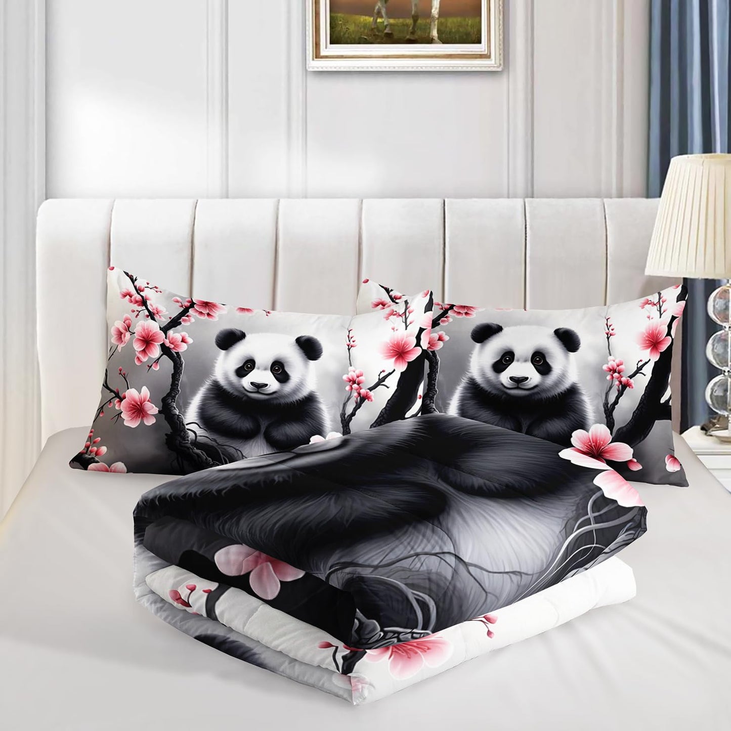 HOSIMA Panda Twin Comforter,Cute Panda Sitting Surrounded by Flowers on Branches,Gray White Ink Background Pattern Animal Bedding for Kids Boys Girls Room Decor,Cute Bedding with 2 Pillowcases.
