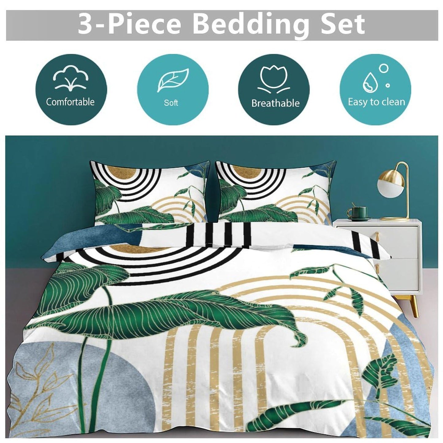 Lnepty Mid Century Leaves Bedding Set,Modern Abstract Tropical Monstera Palm Leaf Plant Minimalist Spring Summer Bohemian Geometric Comforter Set with Pillowcase for Bedroom Bed Decor，Twin 86"x70"