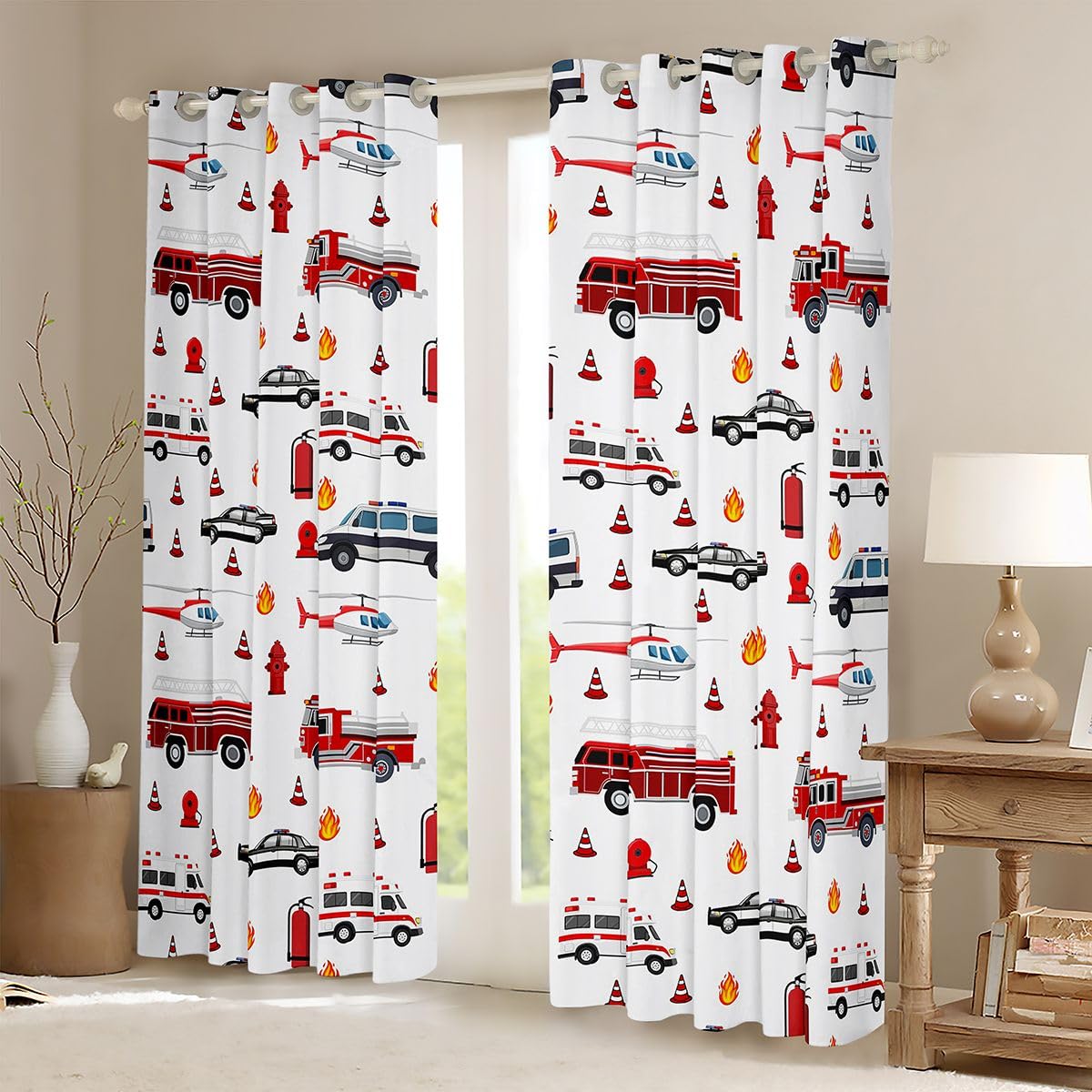 Feelyou Truck Curtains for Bedroom Living Room Fire Truck Blackout Shades Car Room Darkening Curtain Firefighter Window Treatments, 2 Panels 52 x 84 Inch Firemen Car Vehicle Decor