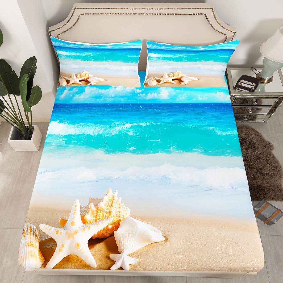 Feelyou Hawaii Beach Fitted Sheet Boys Girls Adults Ocean Wave Nautical Bedding Set Kids Starfish Shell Bed Sheet Set Summer Lightweight Bed Cover,Bedding Collection 3Pcs Sheets Full Size