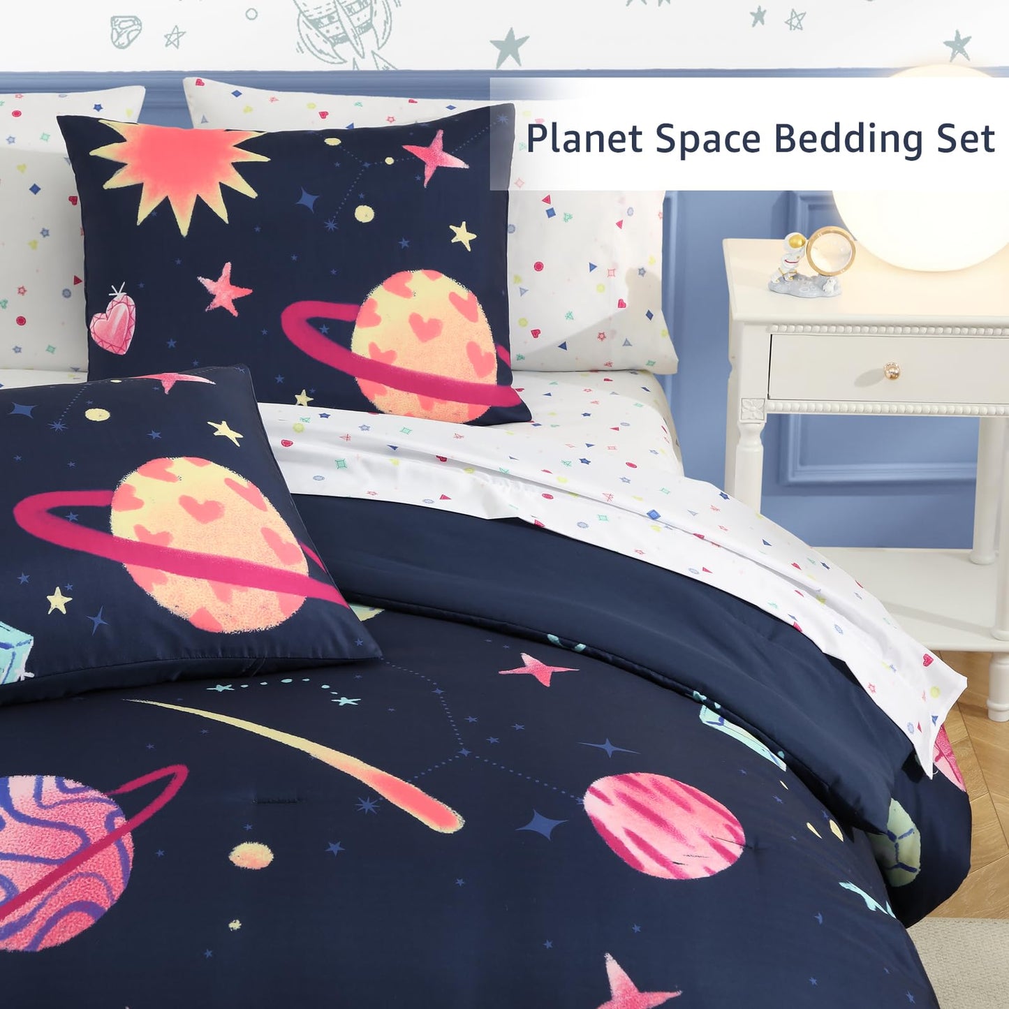 AMBERSPACE Twin XL Comforter Sets Planet, Space Bedding Set for Girls Boys Teen, All Season Kids Bed in a Bag Dorm 5 Pieces with Sheets, Pillowcase & Sham