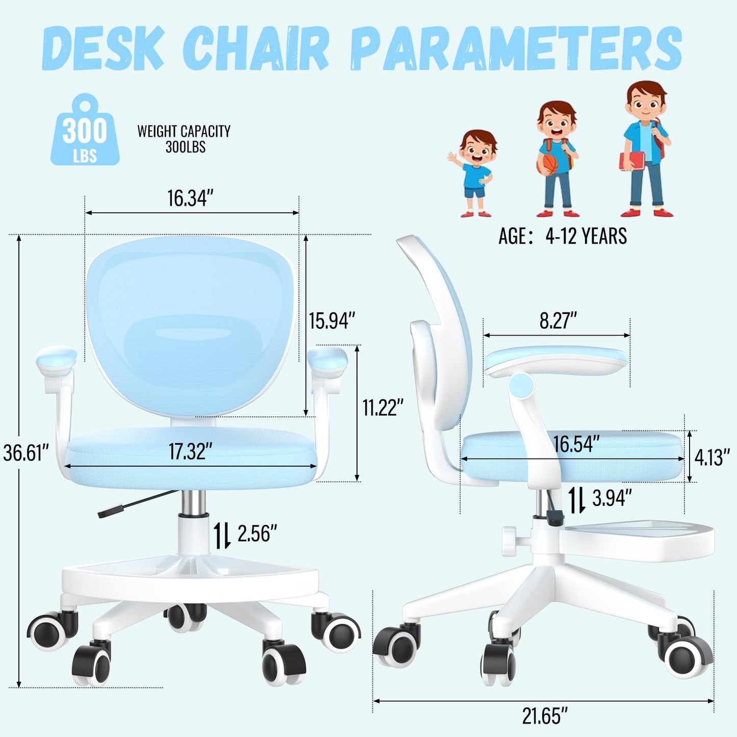 Ergonomic Kids Desk Chair 4-12, Adjust Height Children Study Computer Chair