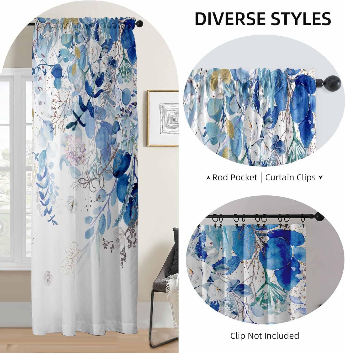 Blue Eucalyptus Curtains for Living Room 84" Length Watercolor Leaf Plant Spring Summer Blue and White Semi-Sheer Curtains for Bedroom Kitchen Windows,Botanical Nature Light Blue Gold Curtain, 2 Pack