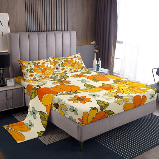 Castle Fairy Retro Flowers Full Fitted Sheet 4pcs,Watercolor Yellow Floral Green Leaves Plant Bed Sheet Set for Girls Teens Bedroom,70s Trippy Daisy Polyester Bedding Set with 1 Flat + 2 Pillowcases
