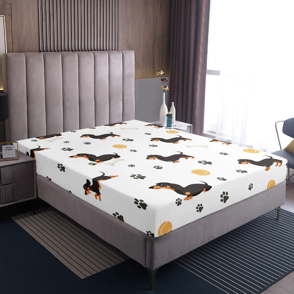 Castle Fairy Cute Dachshund Dog Fitted Sheet King Size,Ball Bones Paw Print Bed Sheet Set Bedroom Decor,House Pet Animal Themed Polyester Bedding Set(1 Fitted,1 Flat,2 Pillowcases)
