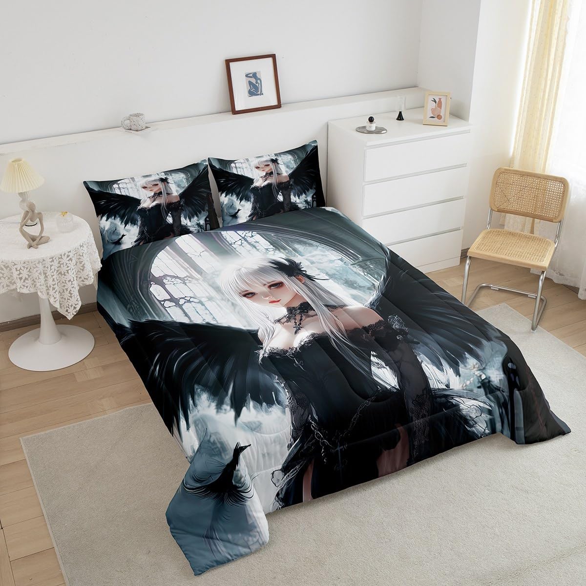 Erosebridal Anime Girl Bedding Set Twin Size, Kawaii Japanese Anime Comforter for Kids Boys Teens Adult, Cartoon Girl Quilt Japan Animation Bedroom Decor, Machine Washable, Black White