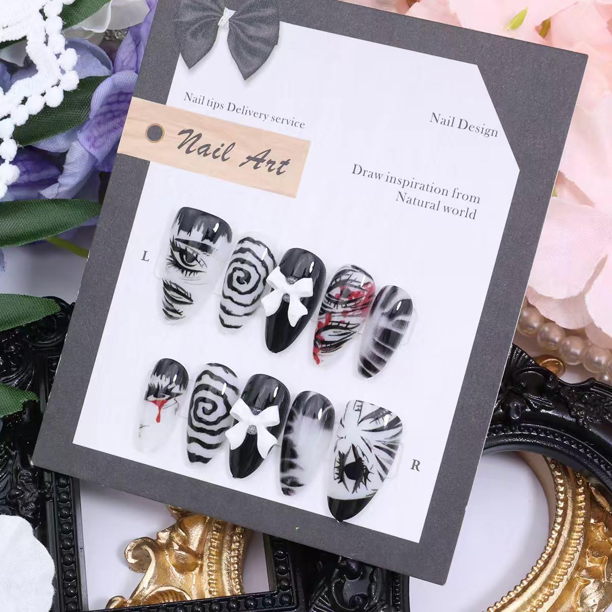 24Pcs Black Gothic Press on Nails Medium Almond Fake Nails with 3D Bow Design Y2k False Nails Glossy Full Cover Artificial Glue on Nails Eye Vortex Handmade Stick on Nail for Women Manicure Decoration