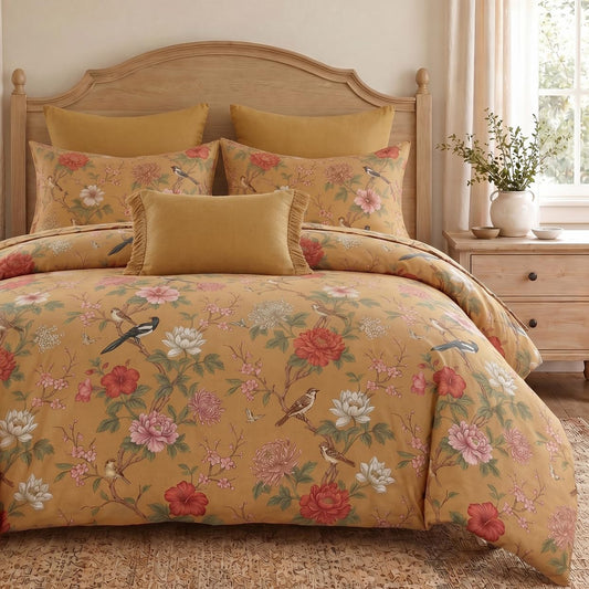 MOVE OVER 100% Cotton Duvet Cover Set Queen Size, Vintage Floral Duvet Cover Set with Zipper Closure & 8 Corner Ties, Soft Breathable Retro Yellow Bird Botanical Bedding Set for All Seasons