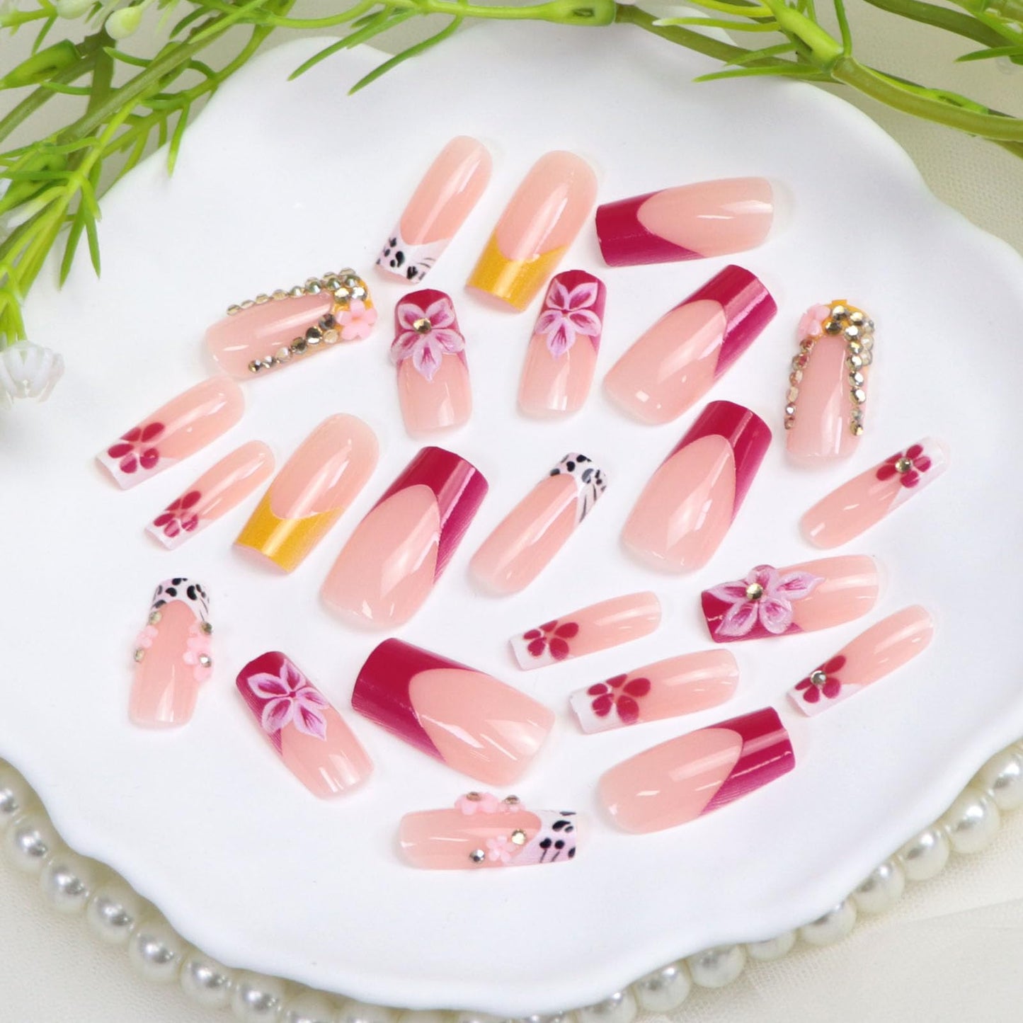 Medium Press on Nails Square Fake Nails with 3D Flower Rhinestones Designs White Pink Yellow Nails Press ons Fall False Nails for Women 24Pcs