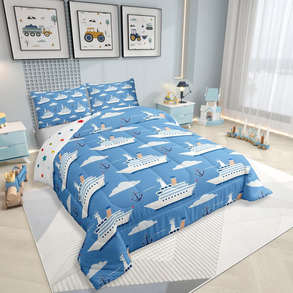 Erosebridal Boys Nautical Sailboat Bedding Set Full, Ocean Ship Comforter Set, Boat Anchor Comforter, White Cloud Blue Sky Nautical Quilt for Kids Teens Youth Men Bedroom, 3 Piece