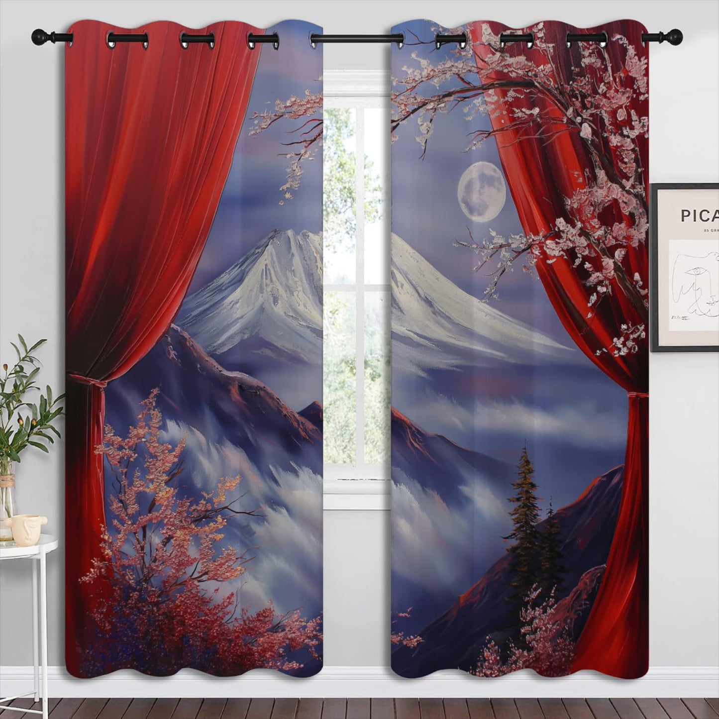 LHROOMJK Japanese Style Blackout Curtains for Boys Girl Bedroom Home Decor,Anime Art Asian Mt. Fuji Cherry Blossom Moon Thermal Insulated Grommet Darkening Living Room Window Drapes, 72 x 63 inch