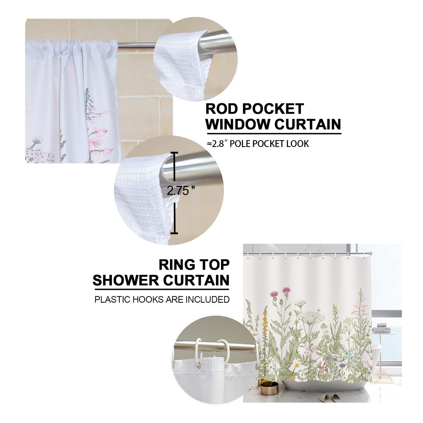 YISURE 2 Piece Wildflower Botanical Shower Curtain Set with Window Curtain, 72x72 with 30x36 inches, Floral Plant Sage Green Leaves Decorative Shower Curtain with Matching Window Panel