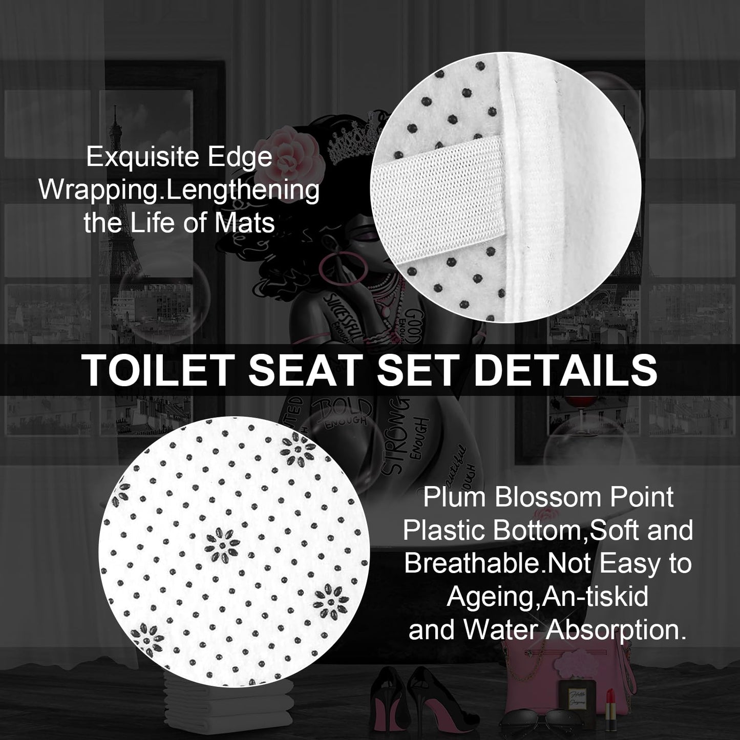 KOKGYM 4Pcs African American Shower Curtain Sets with Rugs, Black Girl Shower Curtain for Bathroom Decor Sets with Paris Eiffel Tower Art Pattern, Grey Waterproof juego de baño, with 12 PCS Hooks