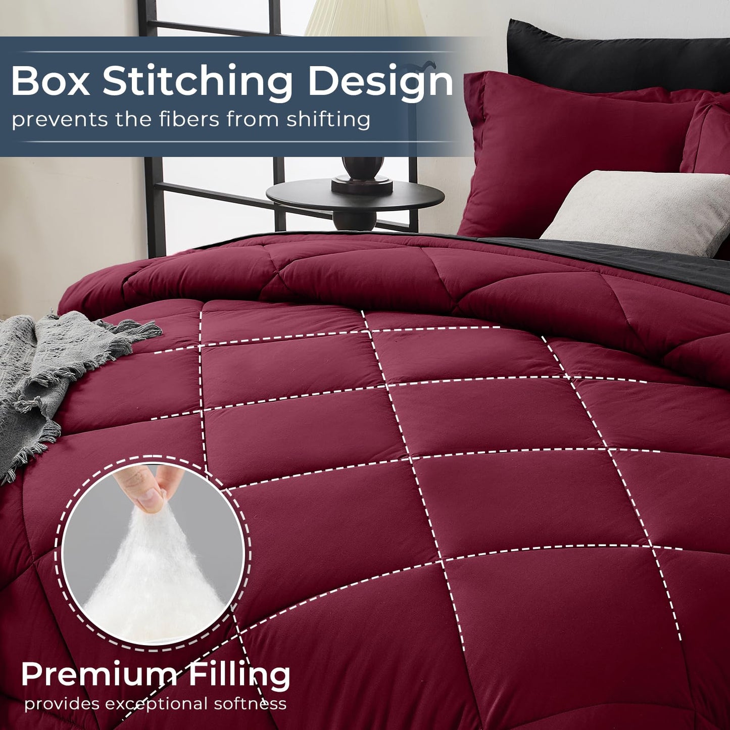 HEVUMYI Red & Black Queen Comforter Set - 7-Piece All Season Burgundy Bed in a Bag Queen, Ultra Soft Bedding Set with Comforter, Flat Sheet, Fitted Sheet, Pillowcases, Pillow Shams, Burgundy
