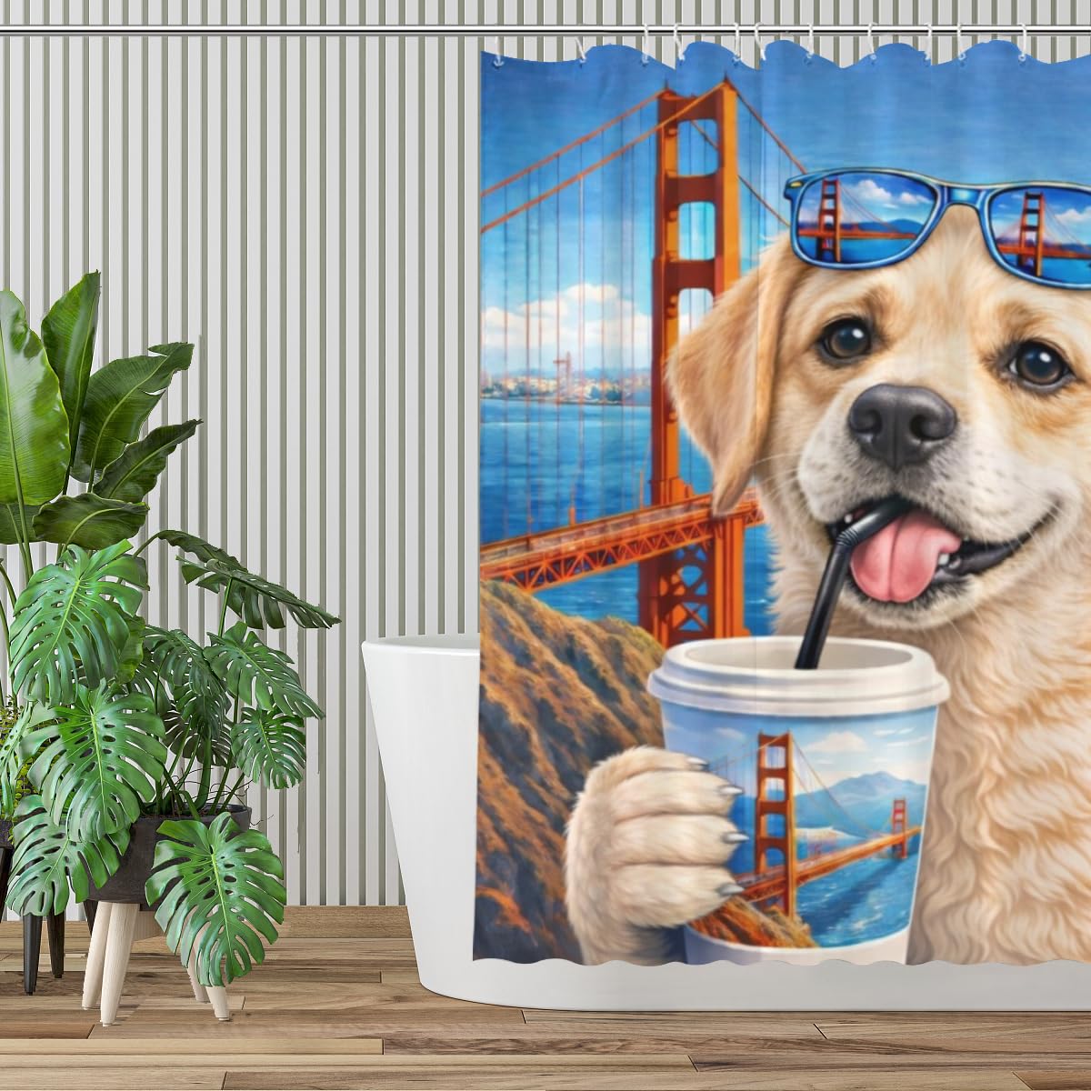 LFINKARTGOGO Golden-Gate-Bridge Labrador Retriever Shower Curtain 72x72 Inch with 12 Hooks Coastal Cityscape Bathroom Decor Cute Puppy Waterproof Washable Polyester Bath Curtain