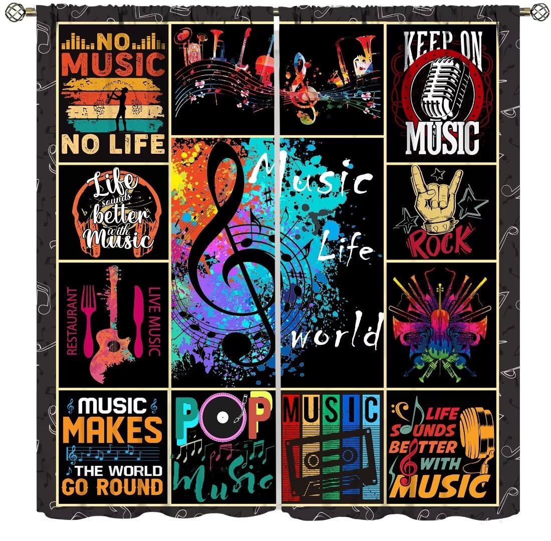 Music Note Curtains for Music Lovers,Rock and Roll Adults Kids Music Themed Art Window Treatments for Bedroom Living Room Musical Room Décor Drapes 2 Panels,Total Size 42" W x 45" H
