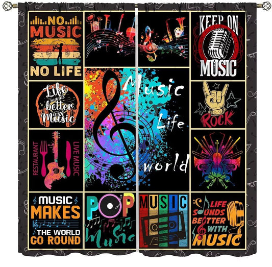 Music Note Curtains for Music Lovers,Rock and Roll Adults Kids Music Themed Art Window Treatments for Bedroom Living Room Musical Room Décor Drapes 2 Panels,Total Size 42" W x 45" H