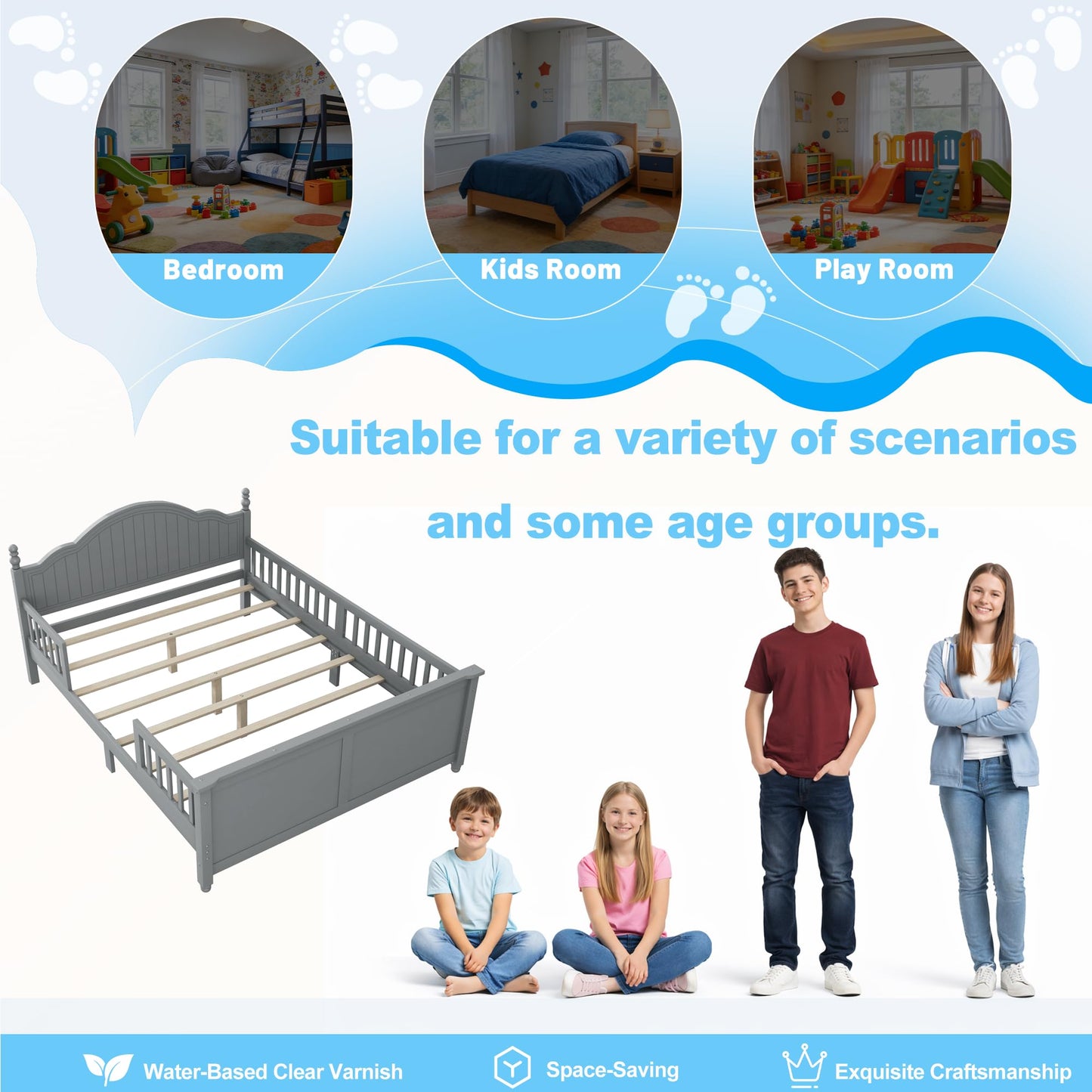 OYUMOENTS Full Size Bed Frame Kids, Low Profile Kids Full Size Bed Frame with Headboard and Footboard, Wood Platform Beds with Rails for Boys & Gilrs, No Spring Box Required, No Squeaks, Gray