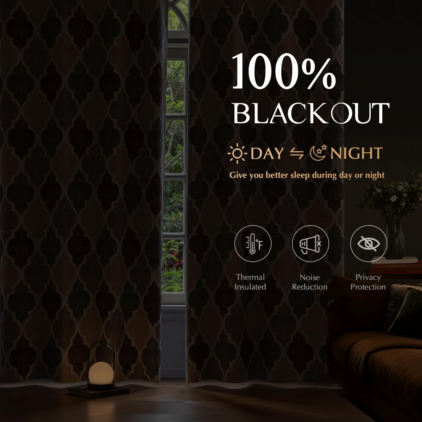 Beauoop 100% Blackout Curtains 84 Inches Long 2 Panels for Bedroom Living Room Brown Grey Moroccan Geo Room Darkening Thermal Insulated Soundproof Grommet Top Window Treatments Drapes, 50x84 Set of 2