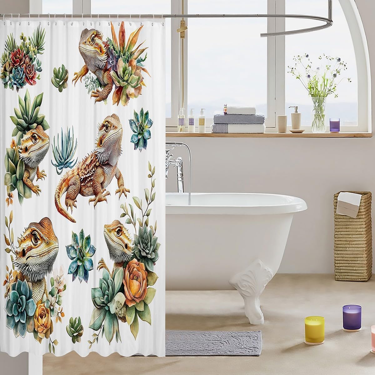 Manfei Bearded Dragon Kids Shower Curtains,Cartoon Lizard Reptile Animal Bathroom Curtains for Boys Girls,Cactus Botanical Western Pet Modern Fashion Waterproof Curtains,12 Hooks Suits,72" W x 72" L