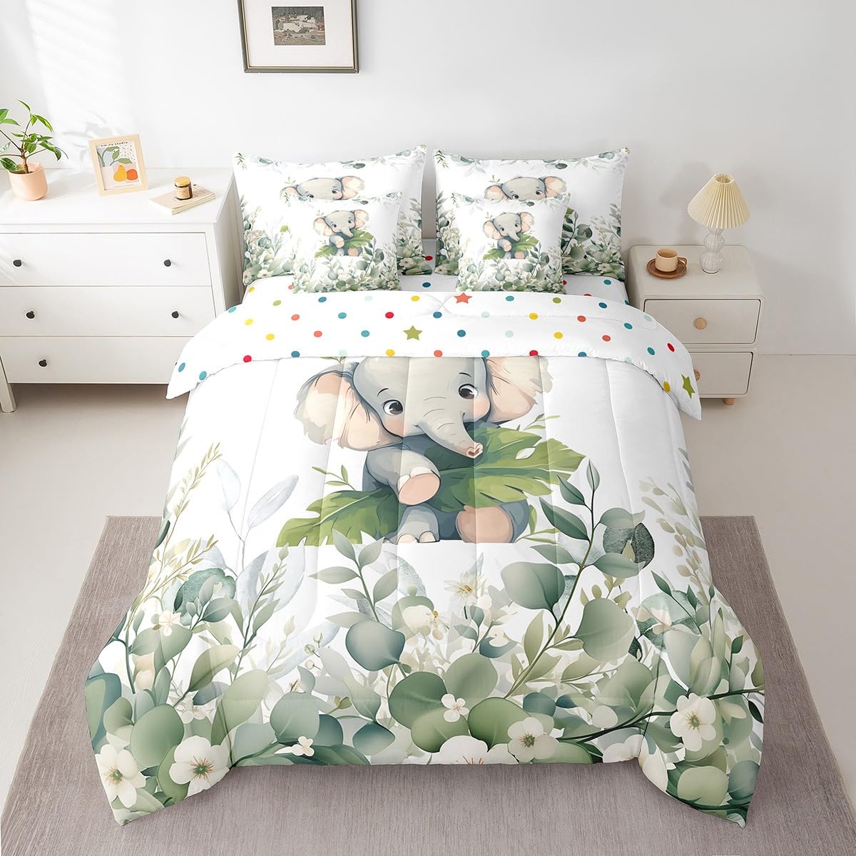 Erosebridal Cute Elephant Twin Comforter Set 7 Pieces for Kids Green Eucalyptus Bedding Comforter Sets, Woodland Animal Bed in a Bag Botanical Plant Leaves Bedding Set, Cartoon Wildlife Bed Sheets Set