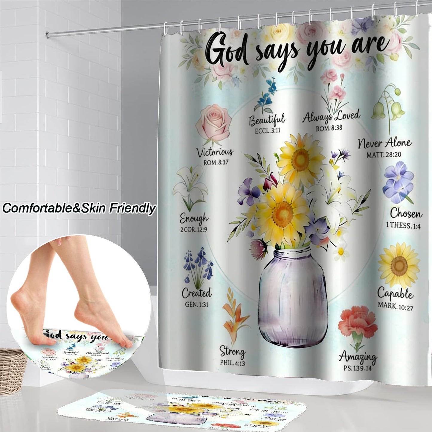 NEWSUYAA 4 Pcs Sunflower Floral Shower Curtains, God Says You are Christian Bathroom Set with Non-Slip Rugs, Inspirational Bible Verse Bath Decor Gift, Waterproof Flowers Curtains with Hooks (Teal)