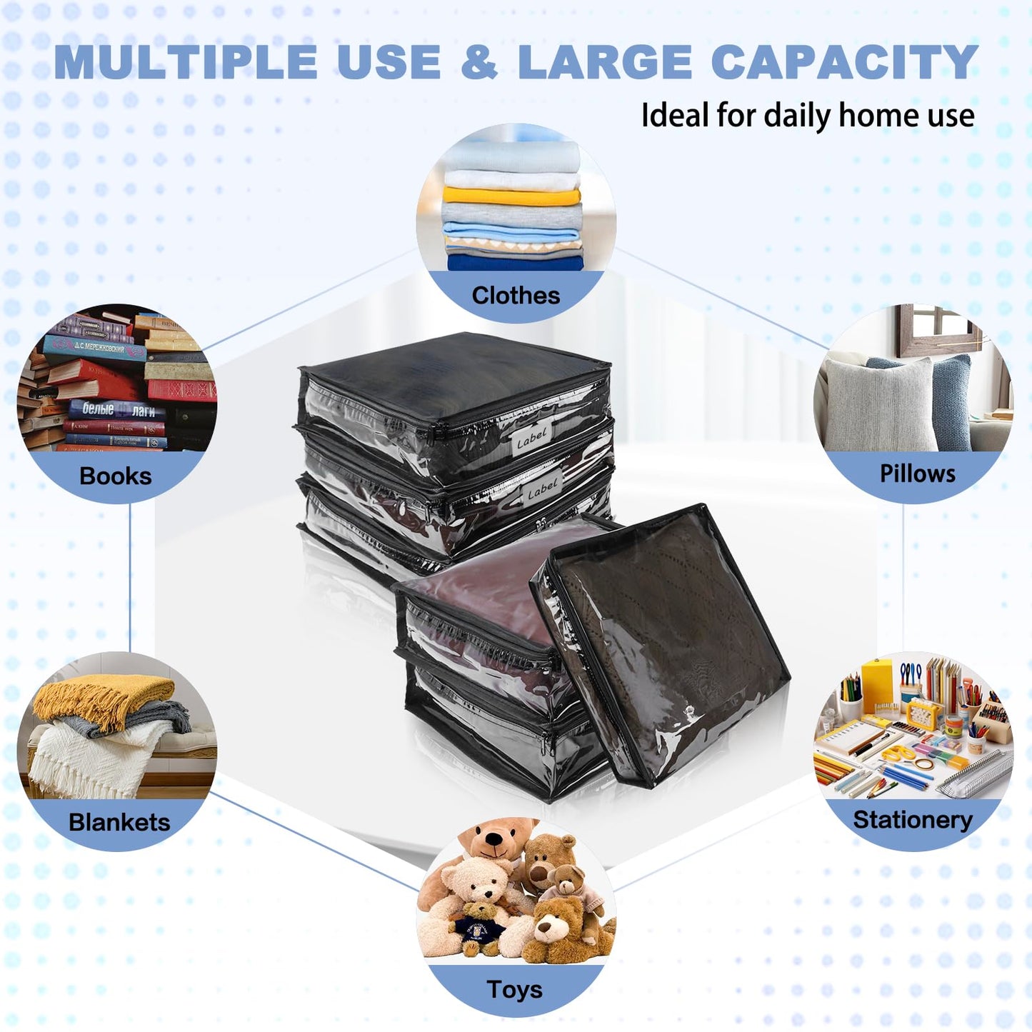 Heonay Clear Zippered Storage Bags Plastic Sweater Storage Bags with Zipper 6 Packs Clothing Organizer for Blankets Linen Sweater Bed Sheet Quilt Clothes Pillow (15.7 x 13.8 x 3.9 Inch, Black)