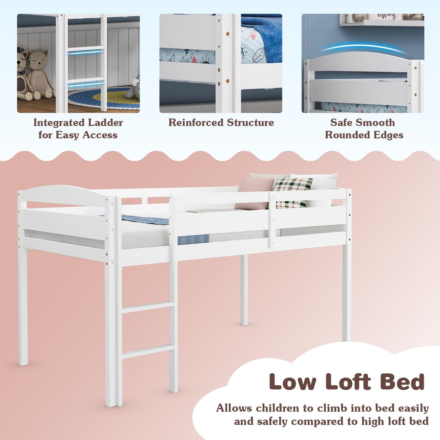 Giantex Twin Loft Bed with Ladder, Wood Low Profile Loft Bed with 30" Clearance & Safety Guard Rails, Space-Saving Loft Bed Frame for Kids Teens Junior, No Box Spring Needed, Kids Bed Frame, White