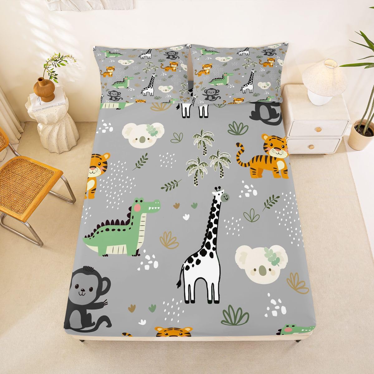 Erosebridal Jungle Animals Bed Sheets Full Cartoon Kawaii Sheet Set for Kids Boys Girls Hunting Safari Animals Sheets Monkey Giraffe Crocodile Tiger Flat Fitted Sheet 3 Pcs