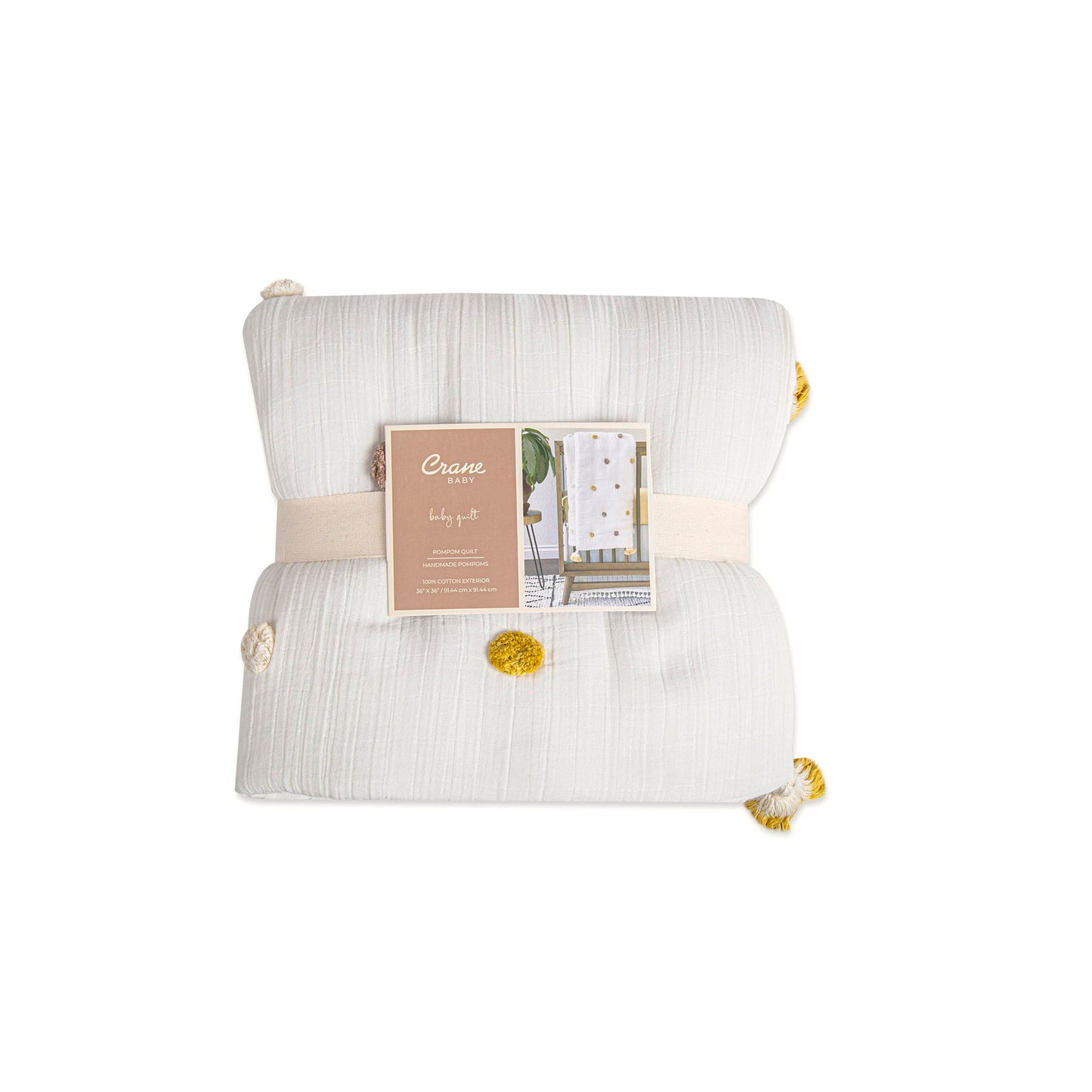 Crane Baby Blanket, 36” x 36”, Soft Cotton Pom Pom Nursery Blanket for Boys and Girls, Cream