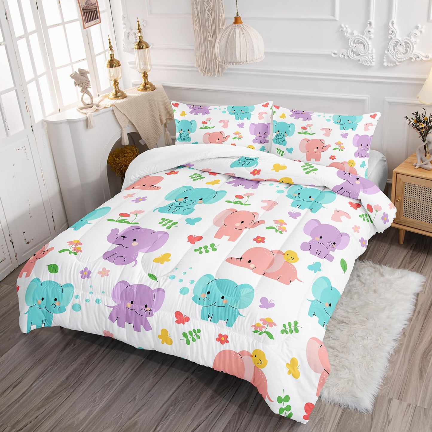 AILONEN Elephant Kawaii Bedding Set, Cute Animals Duvet Set for Girls & Boys - Twin Size, 3 Pieces (1 Comforter, 2 Pillowcases)