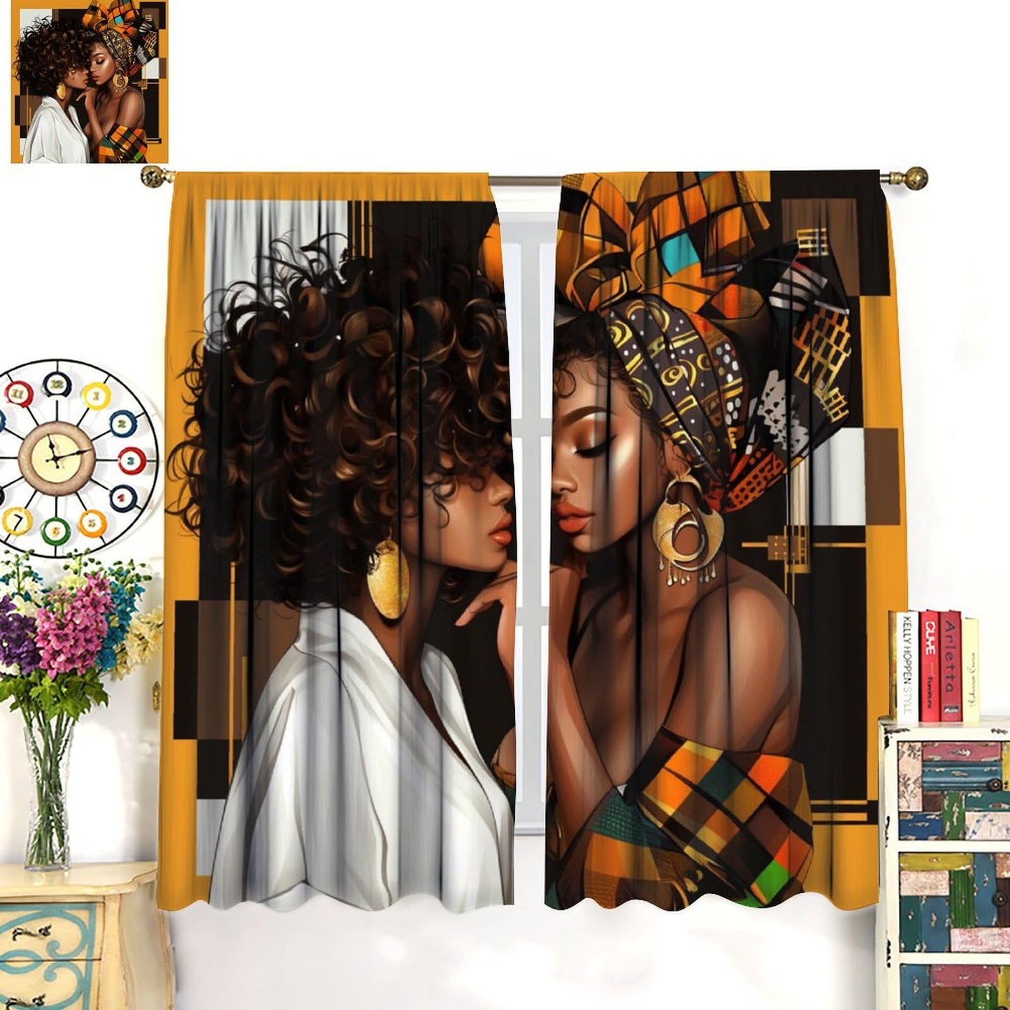 African Women Curtains Native Fashion Black Girl Headscarf Pattern Blackout Print Rod Pocket Window Drapes for Bedroom Living Room 42x45in