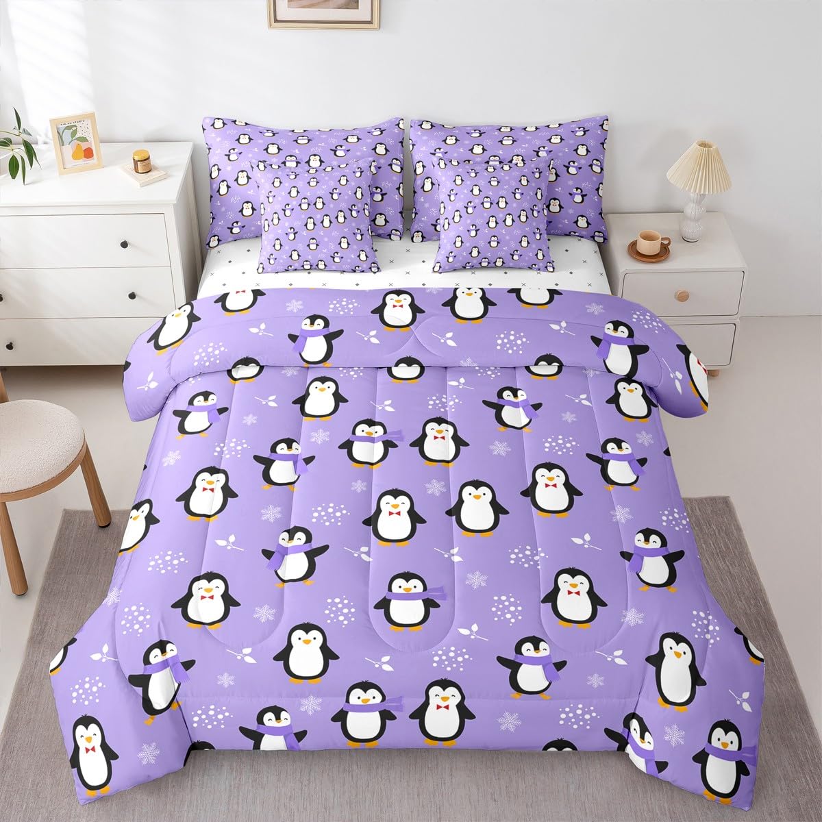 Erosebridal Penguin 7 Piece Bedding Set King Kawaii Kids Comforter Set with Sheets Antarctic Animal Bed in A Bag Cartoon Cute Winter Snowflake Bed Sets