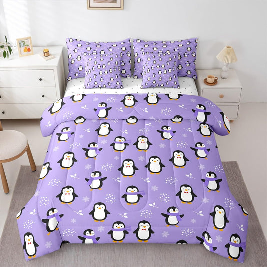 Erosebridal Penguin 7 Piece Bedding Set King Kawaii Kids Comforter Set with Sheets Antarctic Animal Bed in A Bag Cartoon Cute Winter Snowflake Bed Sets