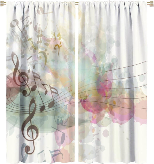 HZOHNAGO Music Curtains Colorful Shadow Music Notes Pattern Blackout Print Rod Pocket Window Drapes for Bedroom Living Room 42x45in
