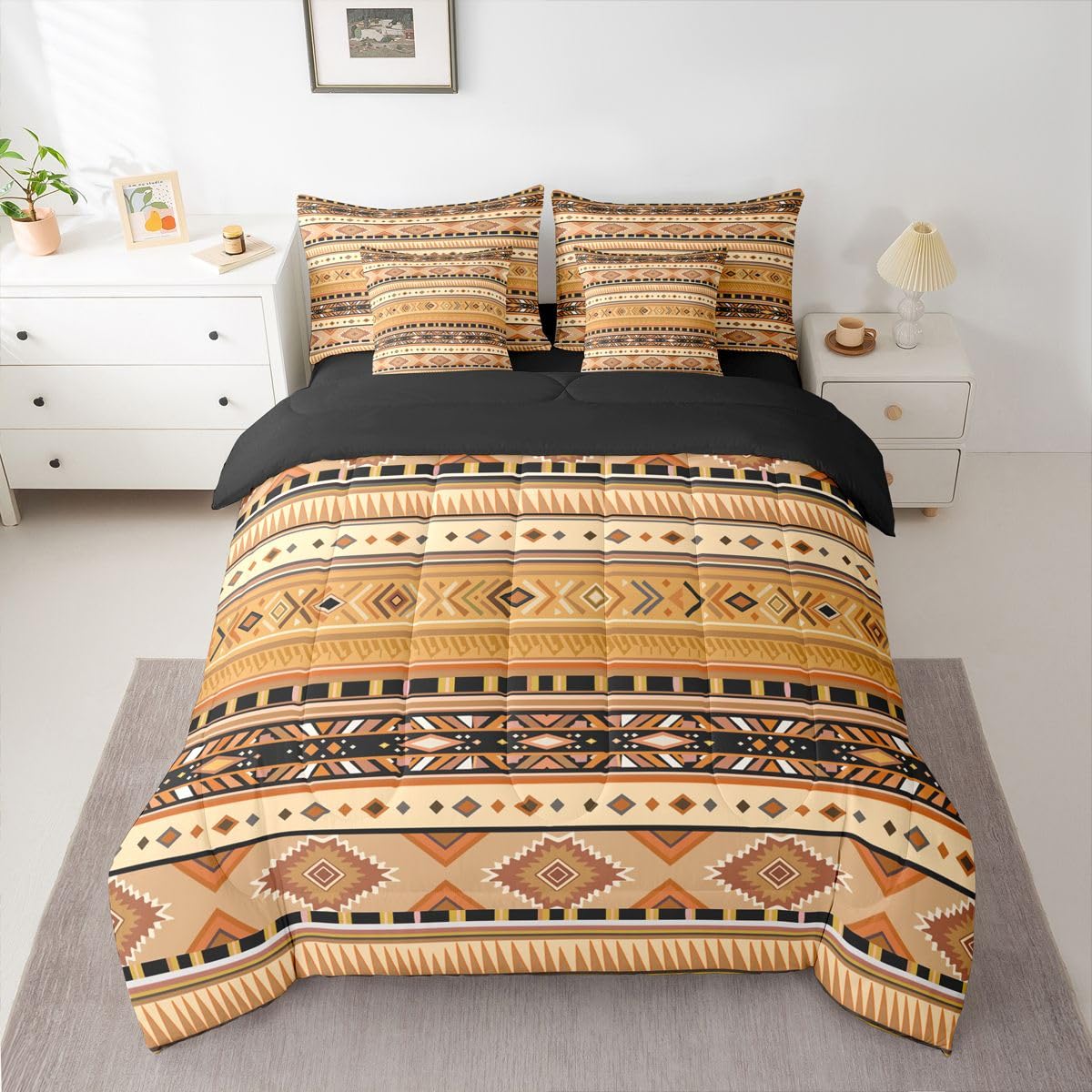 Erosebridal White Brown Aztec Southwestern Full Comforter Set 7 Pieces | Cowboy Farmhouse Bed in A Bag for Bedroom Tribal Bohemian Bedding Set with Comforters Cowgirl Adults Room Decor