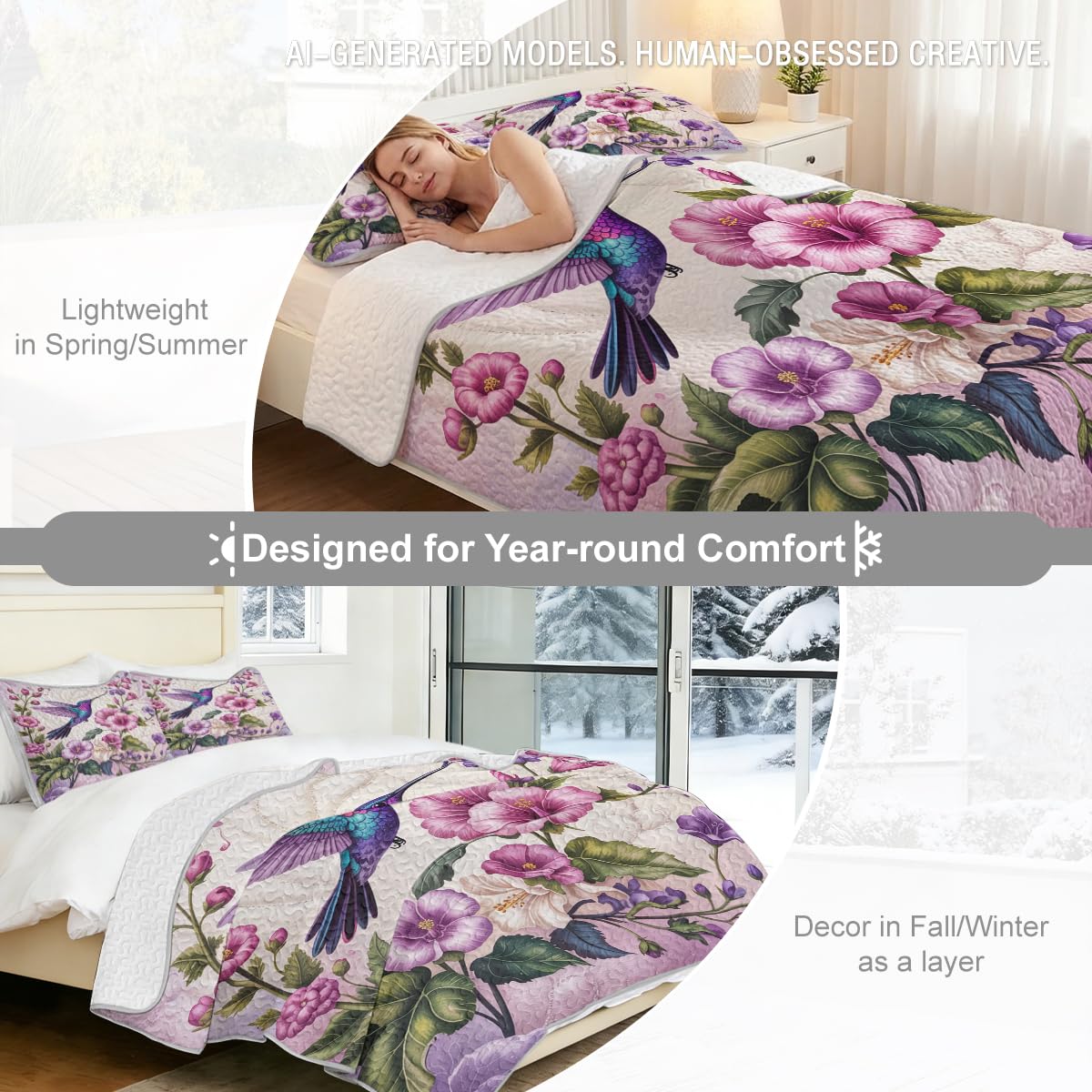 ARIGHTEX Flower Bird Quilt Set, Pink Purple Floral Hummingbird Bedding Set