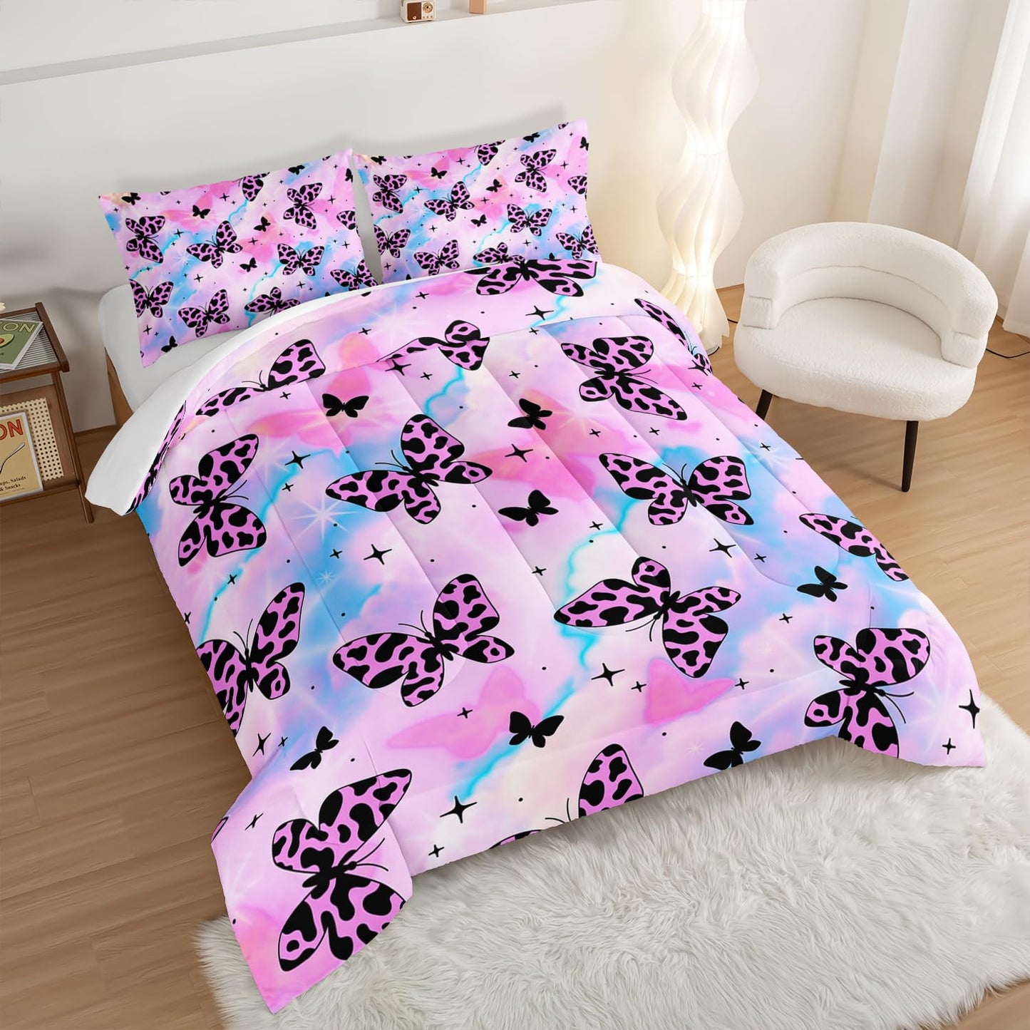 UEVBF Beautiful Butterfly Comforter Set Queen Size,Spotted Butterfly Printed Bedding Set for Kids Girls Women Room Decor,Rainbow Aesthetic Toddler Bedding Sets for Girls with 2 Pillowcases.