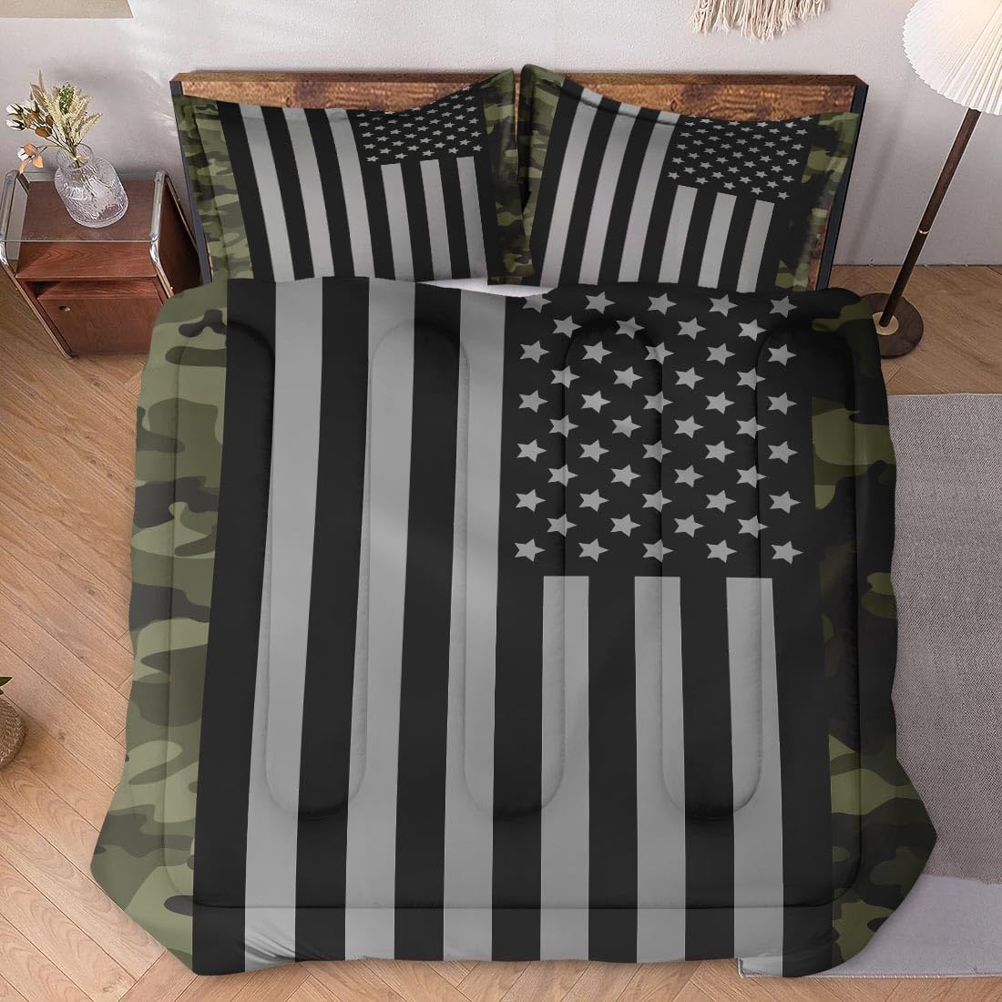 WeCozy Queen Size Comforter Set with 2 Pillowcases, Black Military Camouflage American Flag Soft 3 Pcs Bedding for Kids and Adults Bedroom Bed Decor