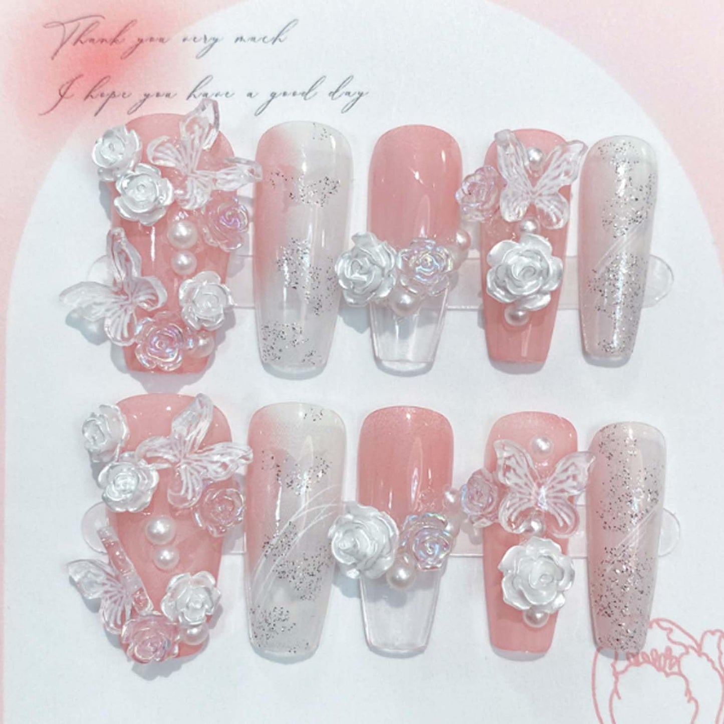 Hkanlre 3D Press on Nails Medium Fake Coffin Nails Tips Full Cover Luxury False Nails for Women and Girls 24PCS