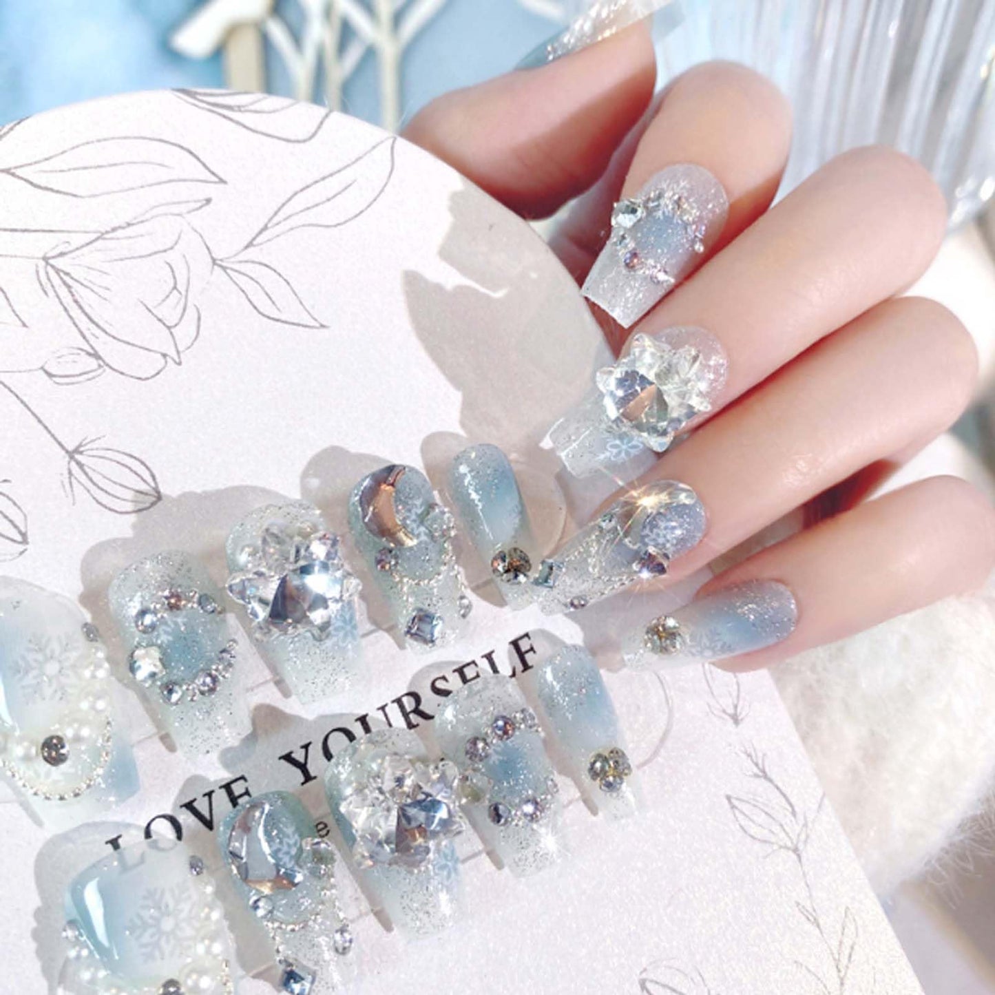 Hkanlre 3D Press on Nails Medium Fake Coffin Nails Tips Full Cover Luxury False Nails for Women and Girls 24PCS