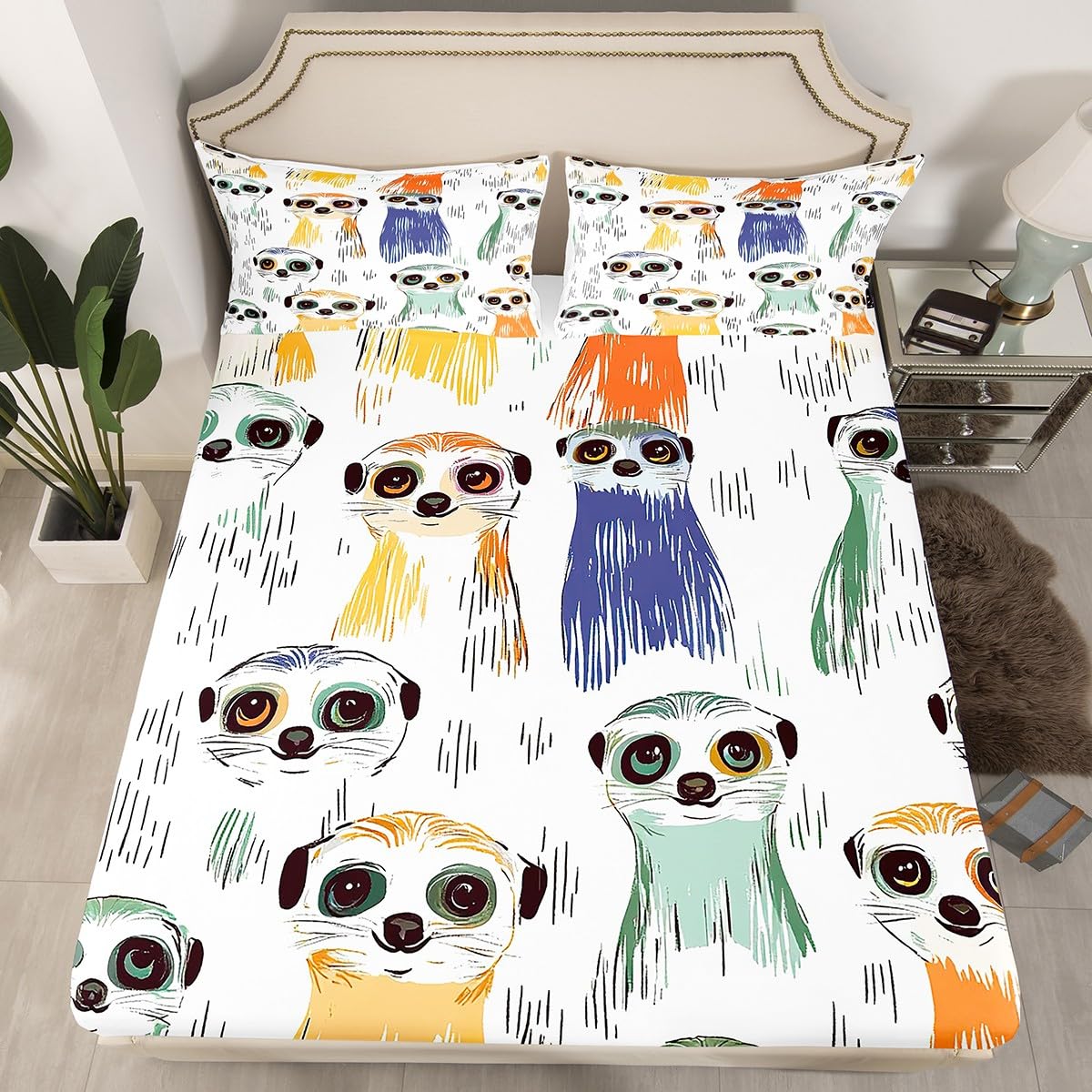 Feelyou Kids Meerkat Sheet Set for Boys Girls Cartoon Wild Animal Bed Sheet Set Cute Southern African Mongoose Bed Sheets Children Bedroom Decor Bed Set Full Size 4Pcs