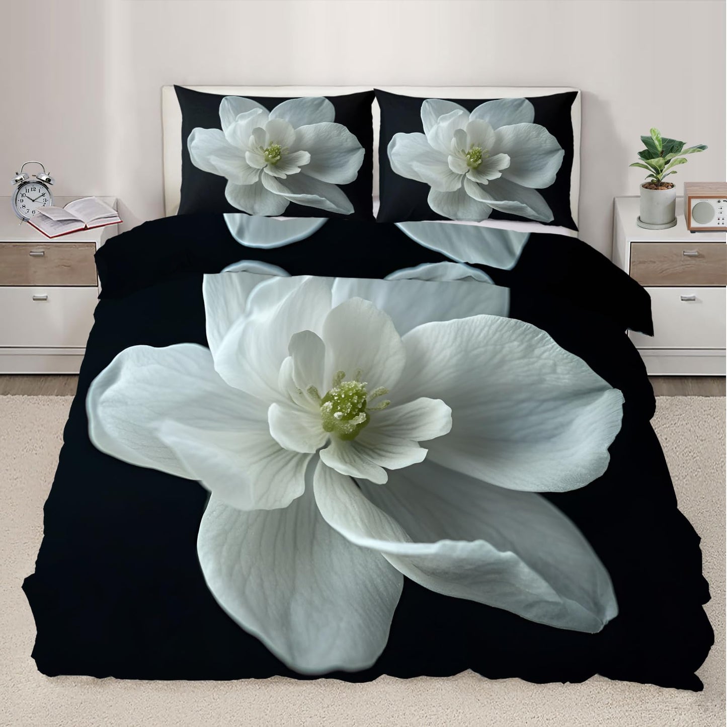 PAISUOQ White Flower Duvet Cover Queen Size, European Florals Bedding Sets, 3 Piece, Soft Microfiber Patterned Comforter Cover with Zipper Ties & 2 Pillowcase, Nordic Simple Bedroom Decor & Gifts
