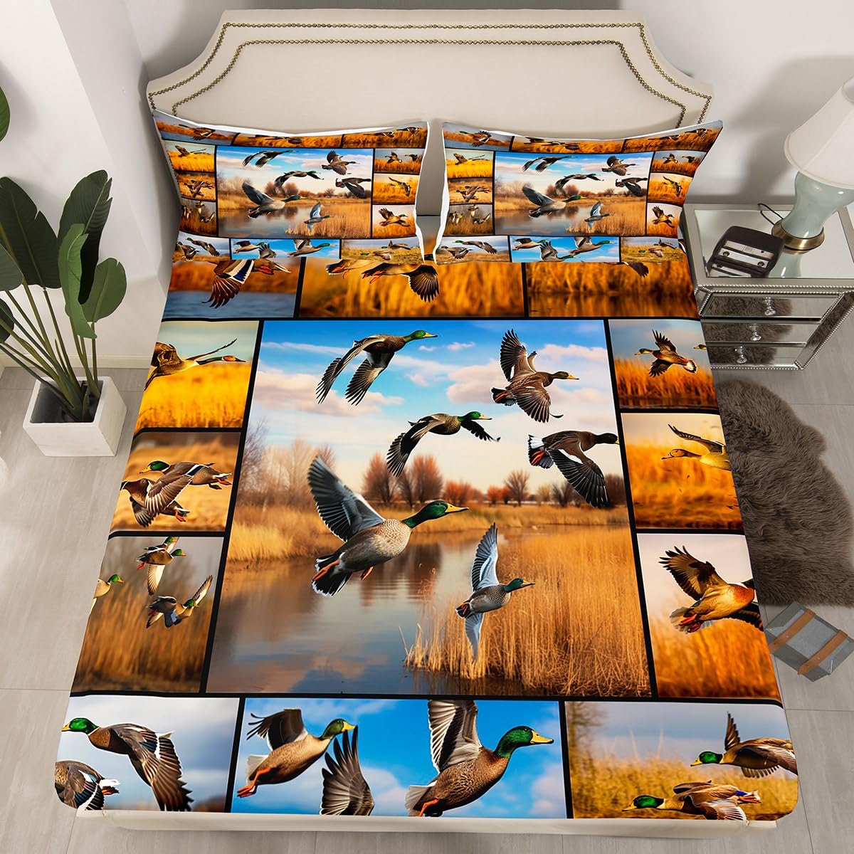 Duck Hunting Sheet Set for Teens Youth,Mallard Duck Bed Sheets Full Size,Nature Landscape Bedding Set,Woodland Farmhouse Animal Patchwork Fitted Sheet + Flat Sheet + 2 Pillow Shams Wrinkle Free