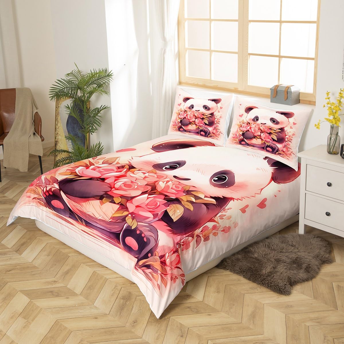 Feelyou Panda Bedding Set Full, Cute Panda Duvet Cover Cartoon Panda Comforter Cover Kids Toddler Boys Girls Kids Panda Bedspread Cover Microfiber Bed Set with 2 Pillow Case(No Comforter)