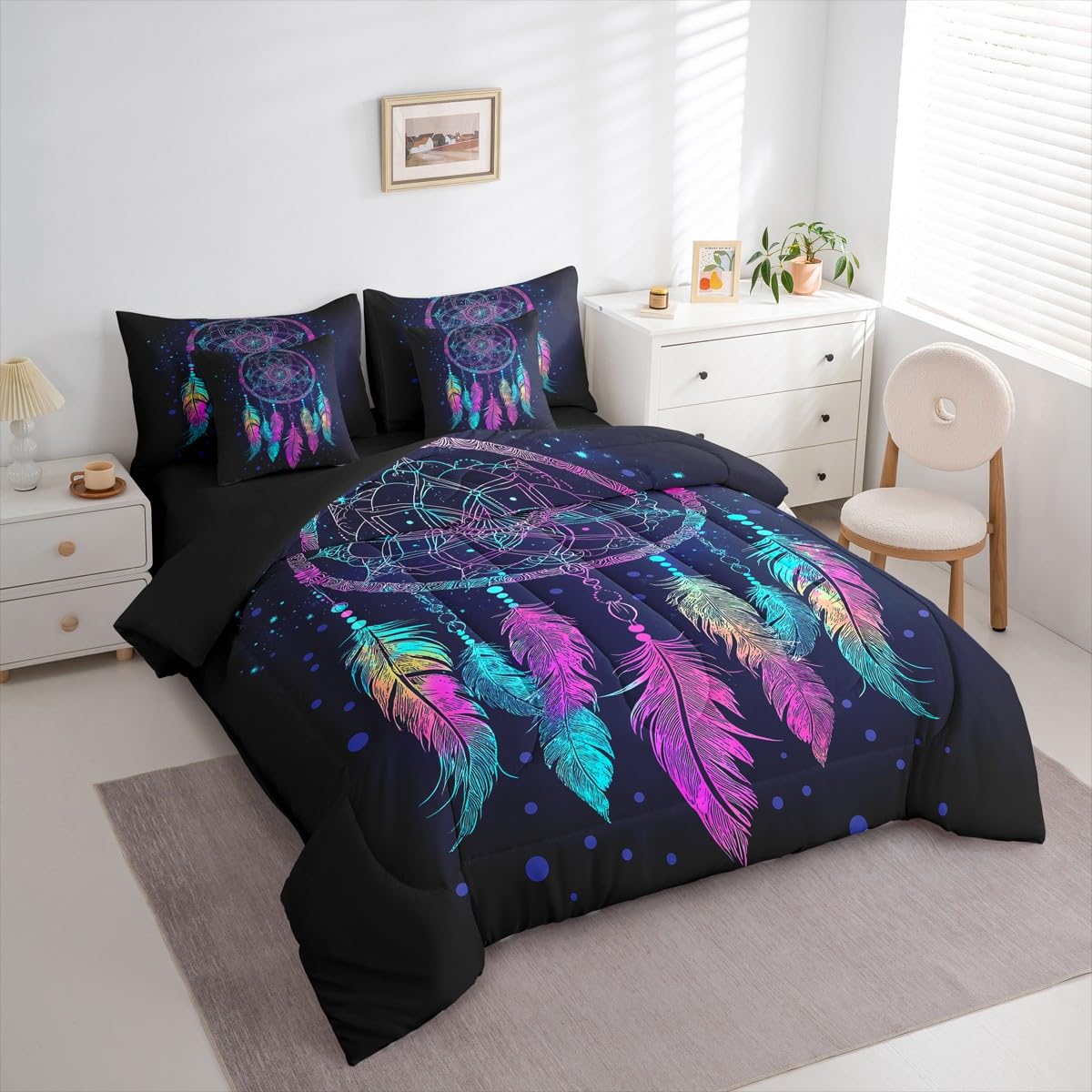 Erosebridal Dream Catcher 7 Piece Bedding Set King Tie Dye Comforter Set with Sheets Mandala Bohemian Feather Bed in A Bag Exotic Ethnic Tribal Hippie Style Bed Sets