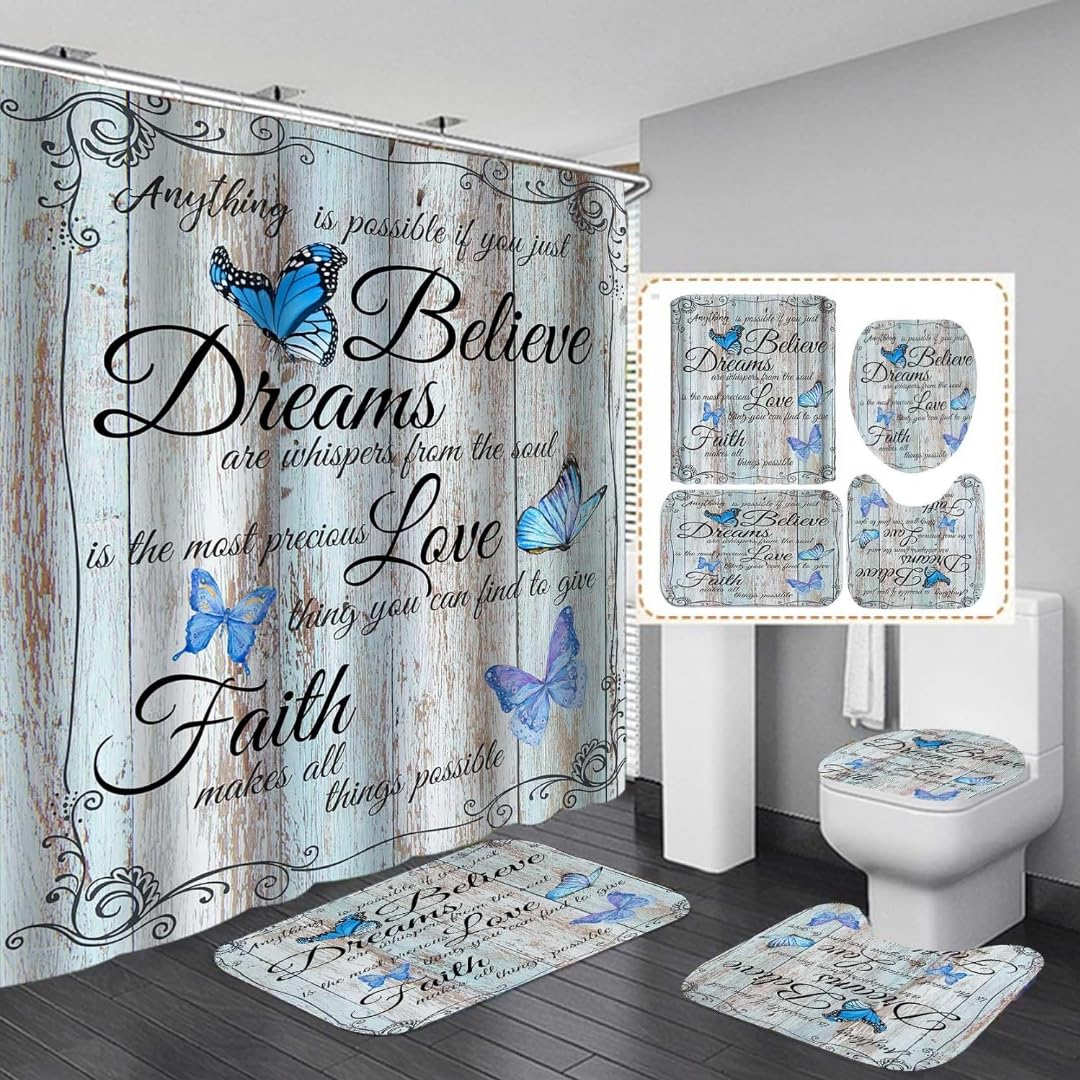 AYULO 4 PCS Blue Butterfly Shower Curtain Set with Rugs and Accessories Non-Slip Rugs, Toilet Lid Cover and Bath Mat Waterproof Shower Curtains Inspirational Quotes Farmhouse Bathroom Decor