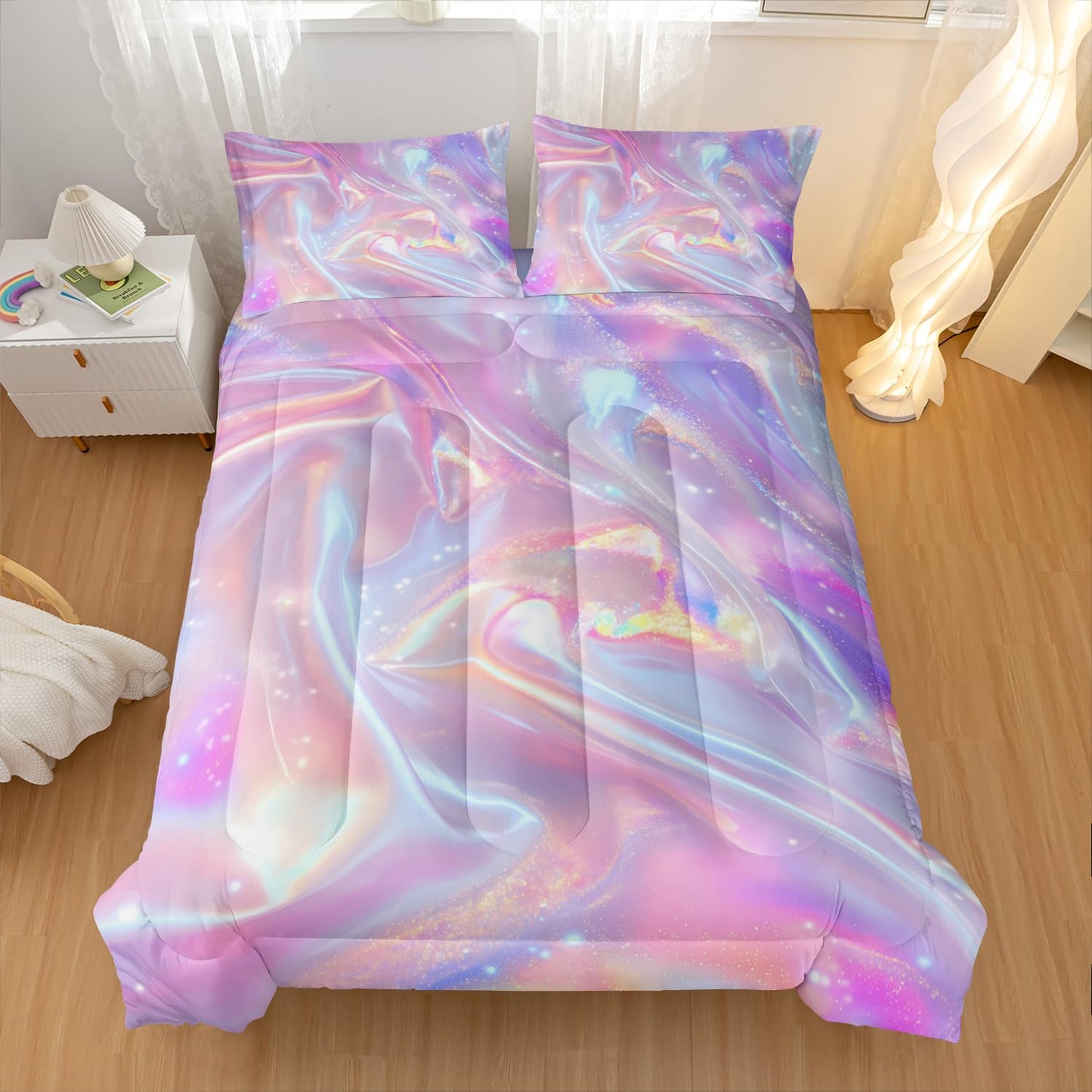 Nttopship Pink Abstract Art Comforter Modern Abstract Comforter Set,Rainbow Gradient Star Bedding Set Full Size 3PCS,Mordern Art Decor All Season Lightweight Soft Microfiber with 2 Pillow Shams