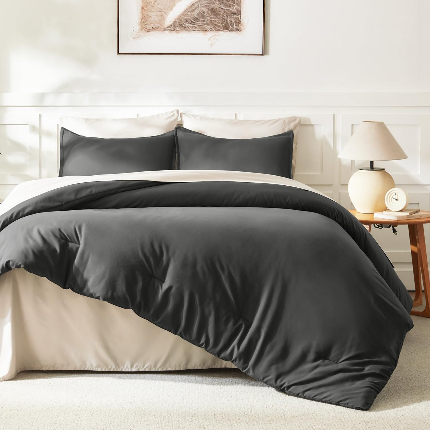 Litanika Grey Comforter King Size Set, Dark Gray Lightweight Plain Bedding Comforters Sets, All Season Fluffy Bed Set (104x90In Comforter & 2 Pillowcases)