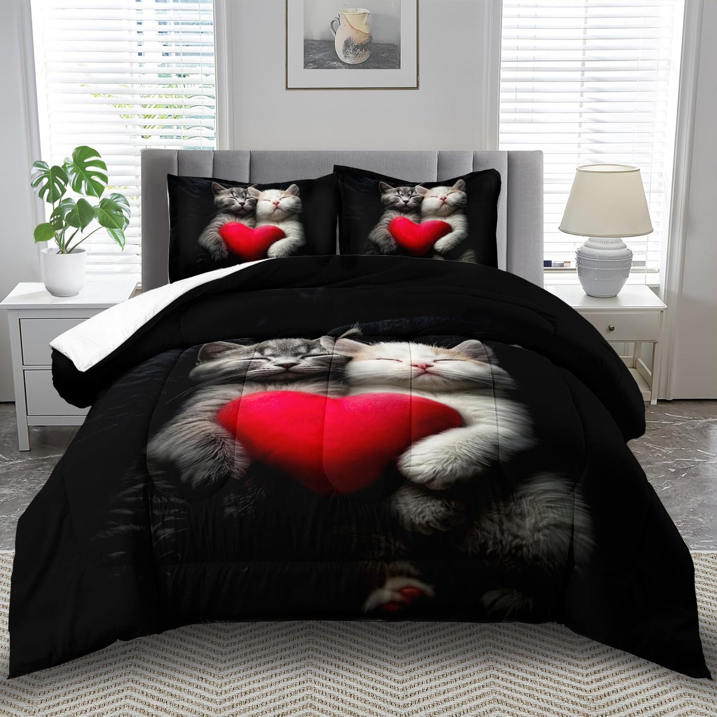llyxsesty Cute Cat Comforter Set King,Kawaii Cat Bedding Set for Girls,Cute Animal Comforter Red Love Heart Bedding Decor,Kawaii Farm Animal Quilt Patterns Kids and Adults